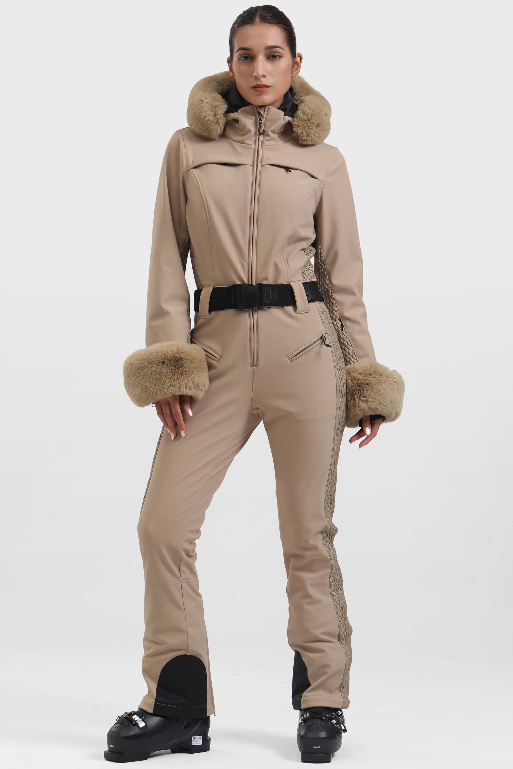 Women's Khaki Shirred Faux-Fur Waterproof One-Piece Ski Suit Snowboard Suit Main image