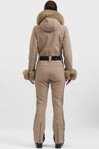 Women's White Shirred Faux-Fur Waterproof One-Piece Ski Suit Snowboard Suit