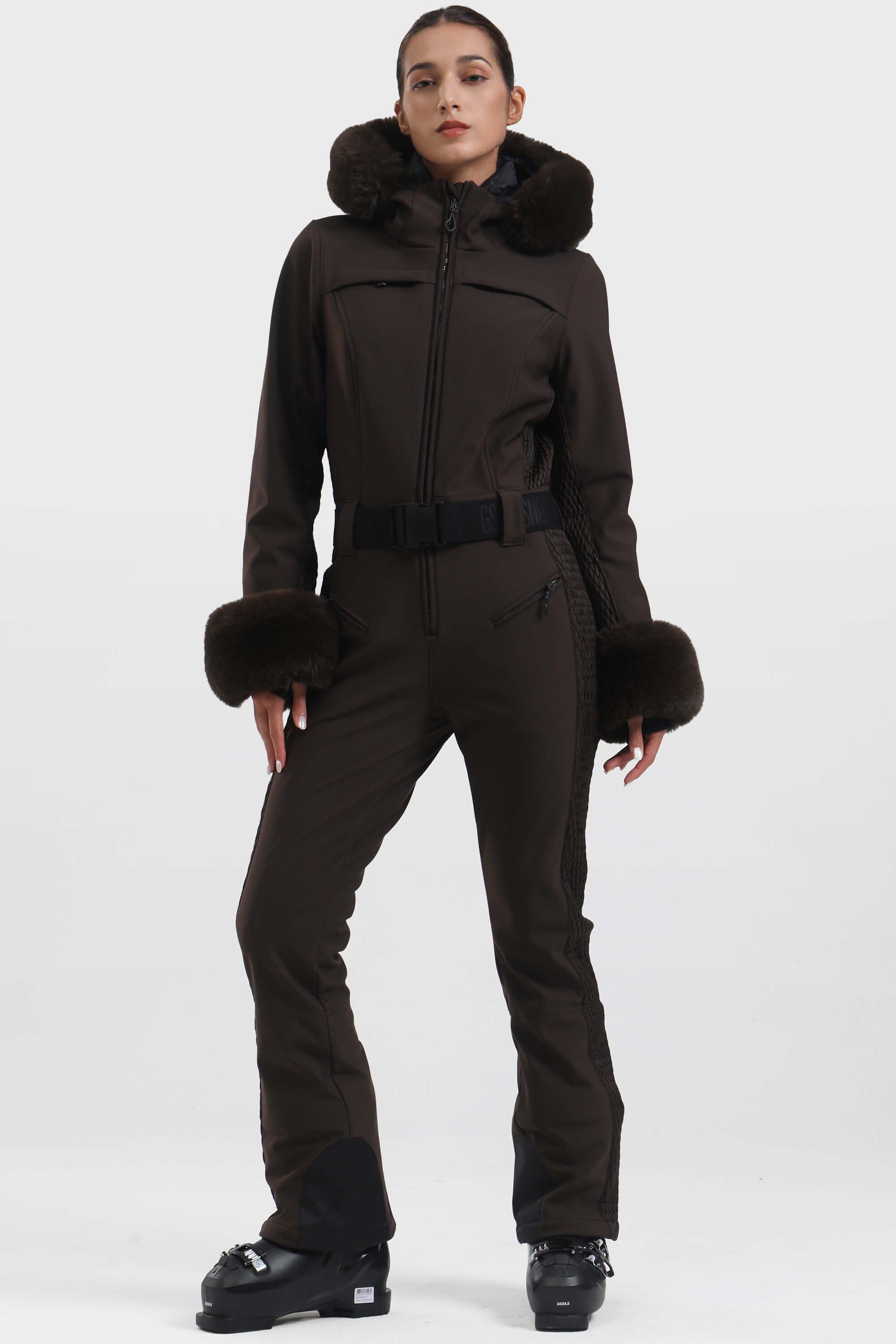 Women's Dark Brown Shirred Faux-Fur Waterproof One-Piece Ski Suit Snowboard Suit Main image