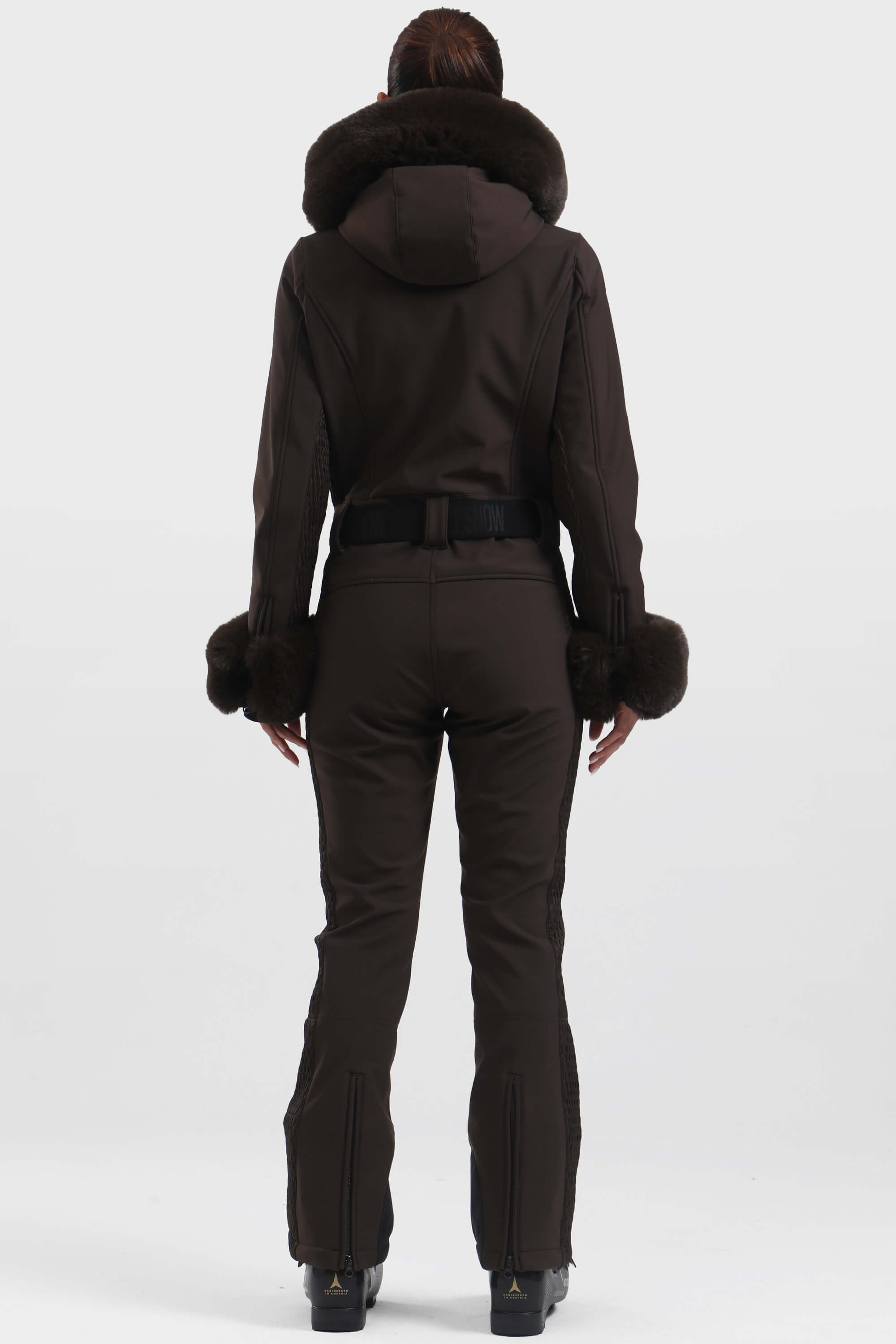 Women's Khaki Shirred Faux-Fur Waterproof One-Piece Ski Suit Snowboard Suit