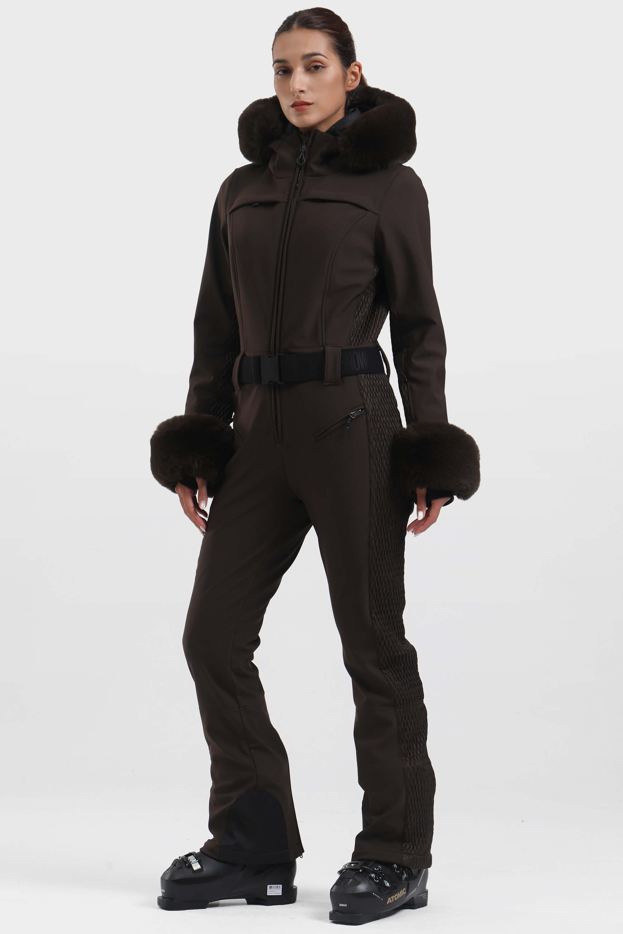 Women's White Shirred Faux-Fur Waterproof One-Piece Ski Suit Snowboard Suit