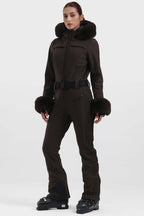 Women's Neon Red Shirred Faux-Fur Waterproof One-Piece Ski Suit Snowboard Suit