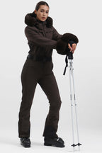 Women's Magenta Shirred Faux-Fur Waterproof One-Piece Ski Suit Snowboard Suit