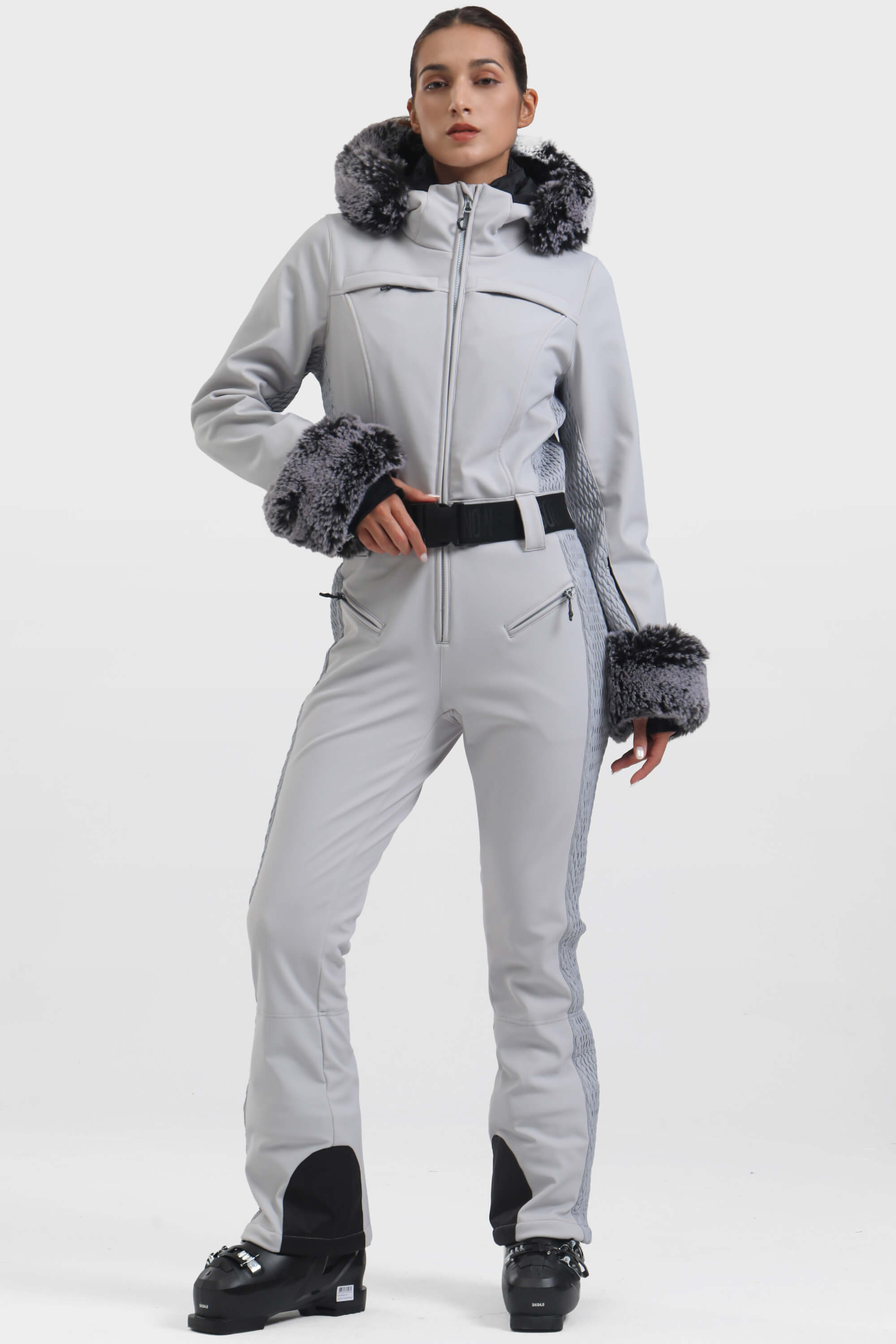 Women's Dark Brown Shirred Faux-Fur Waterproof One-Piece Ski Suit Snowboard Suit