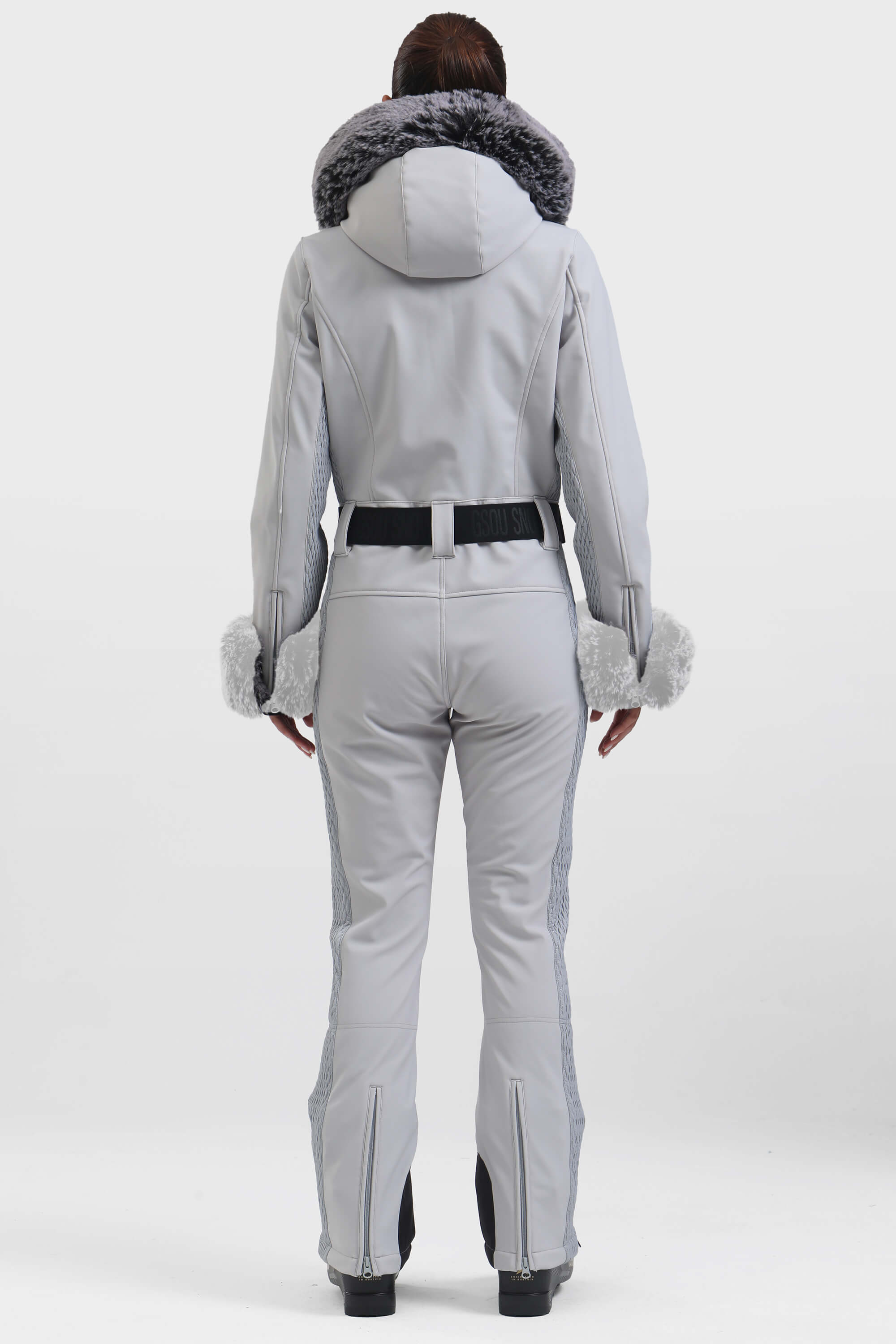 Women's Grey Shirred Faux-Fur Waterproof One-Piece Ski Suit Snowboard Suit Secondary image