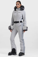 Women's White Shirred Faux-Fur Waterproof One-Piece Ski Suit Snowboard Suit