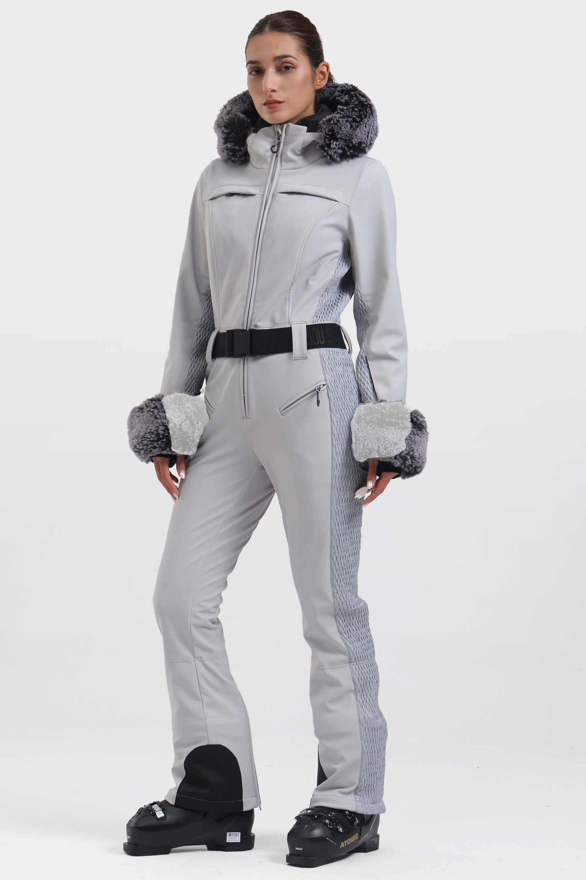 Women's White Shirred Faux-Fur Waterproof One-Piece Ski Suit Snowboard Suit