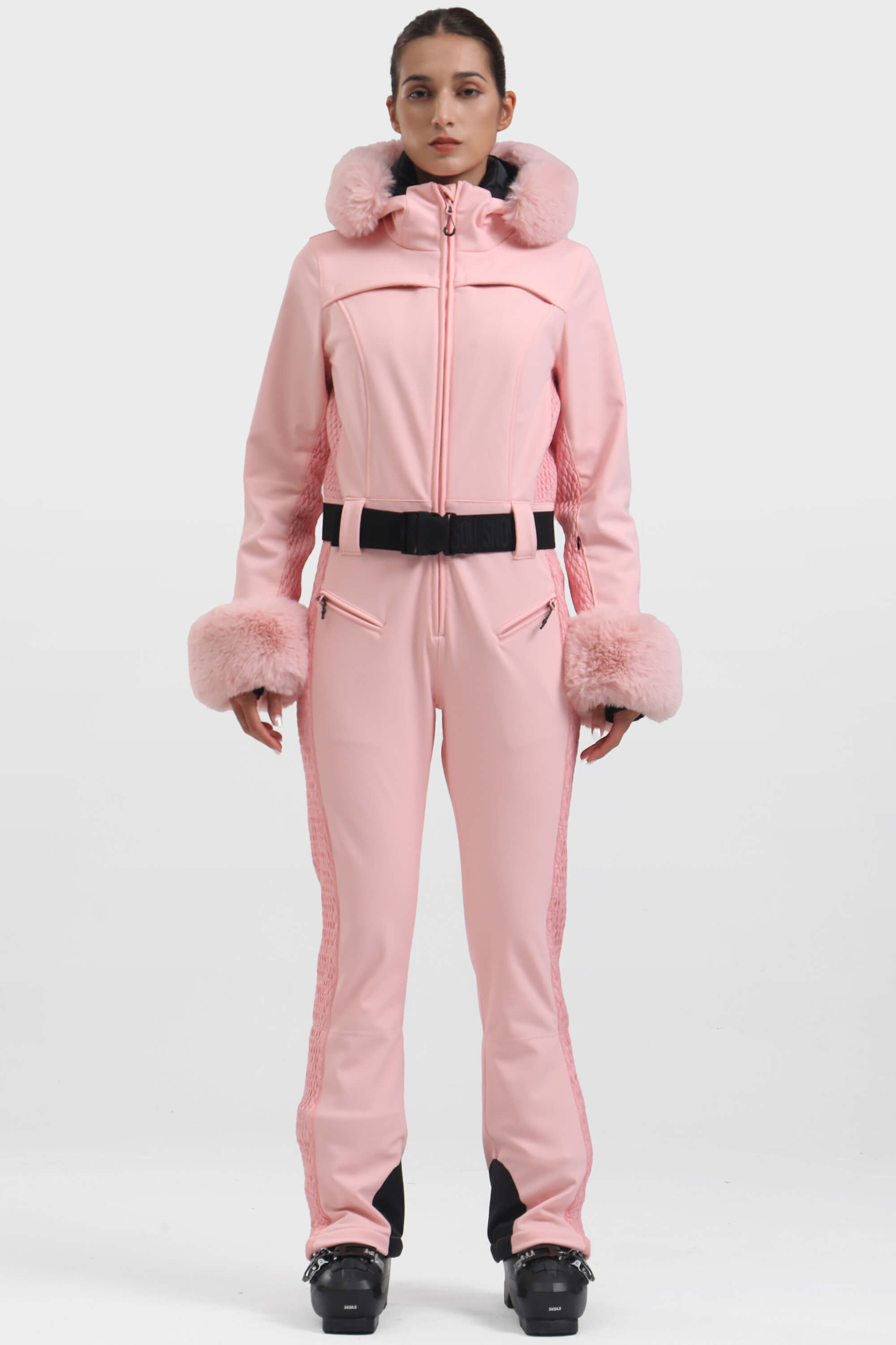 Women's Pink Shirred Faux-Fur Waterproof One-Piece Ski Suit Snowboard Suit Main image