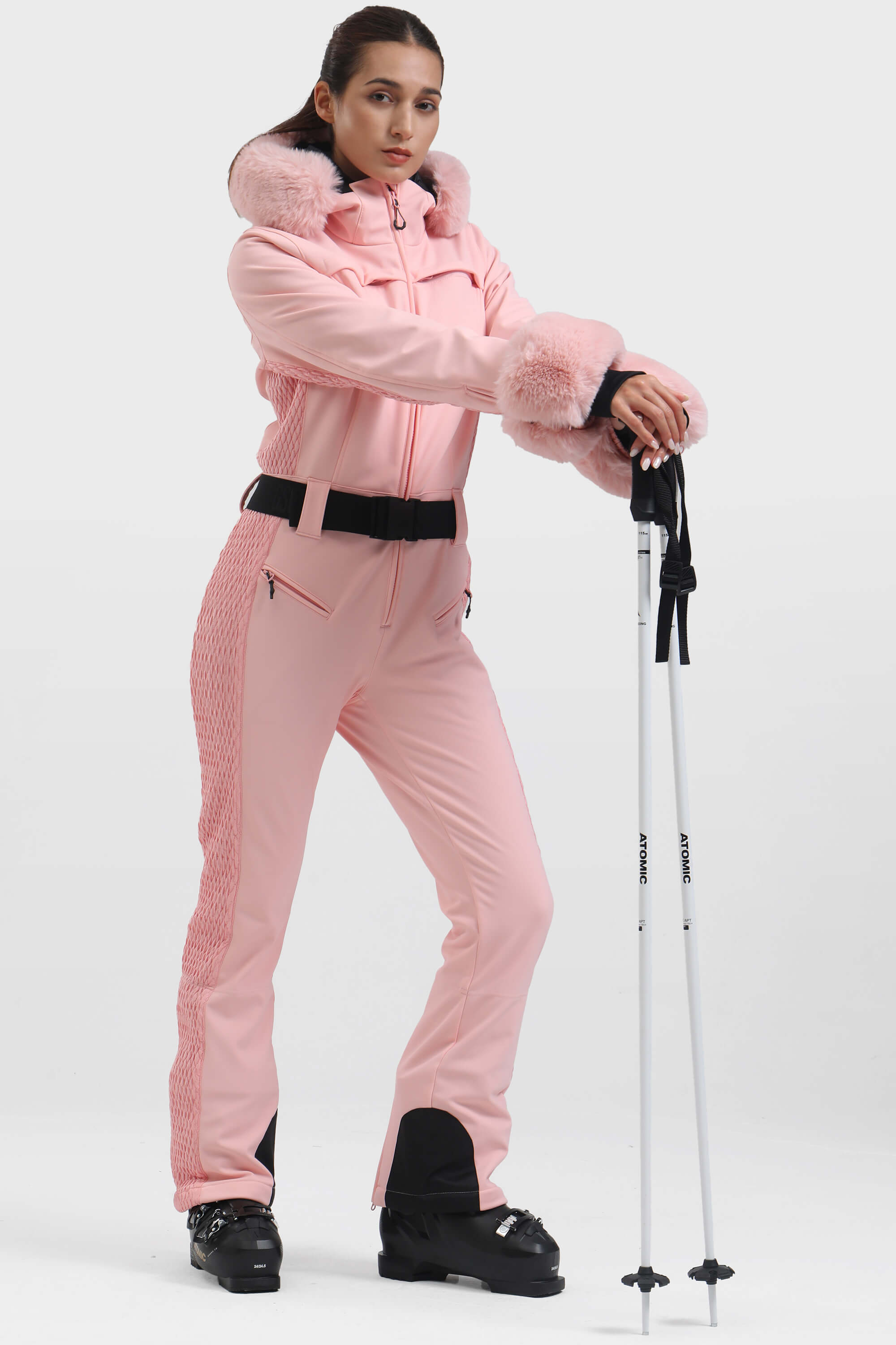 Women's White Shirred Faux-Fur Waterproof One-Piece Ski Suit Snowboard Suit