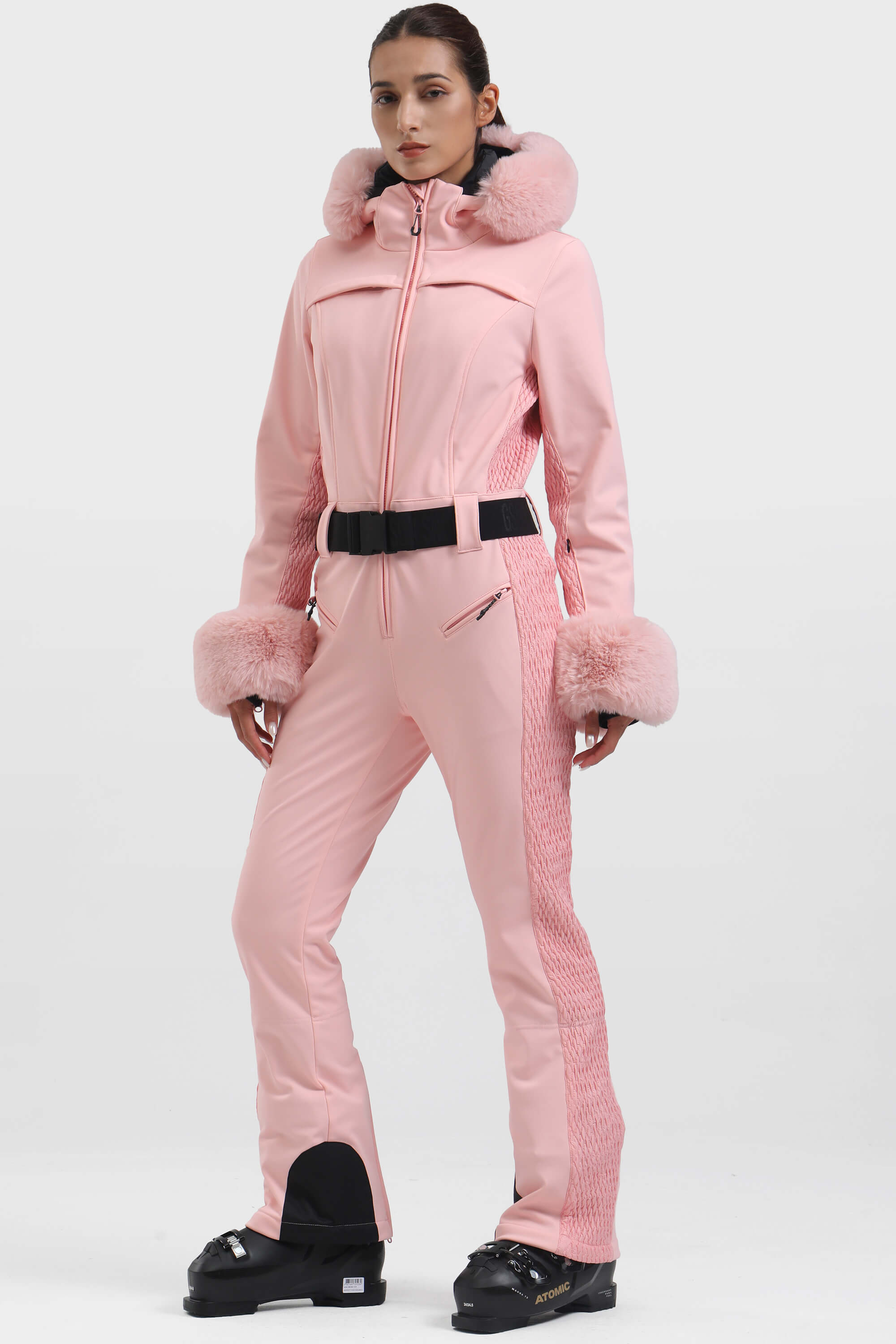 Women's White Shirred Faux-Fur Waterproof One-Piece Ski Suit Snowboard Suit