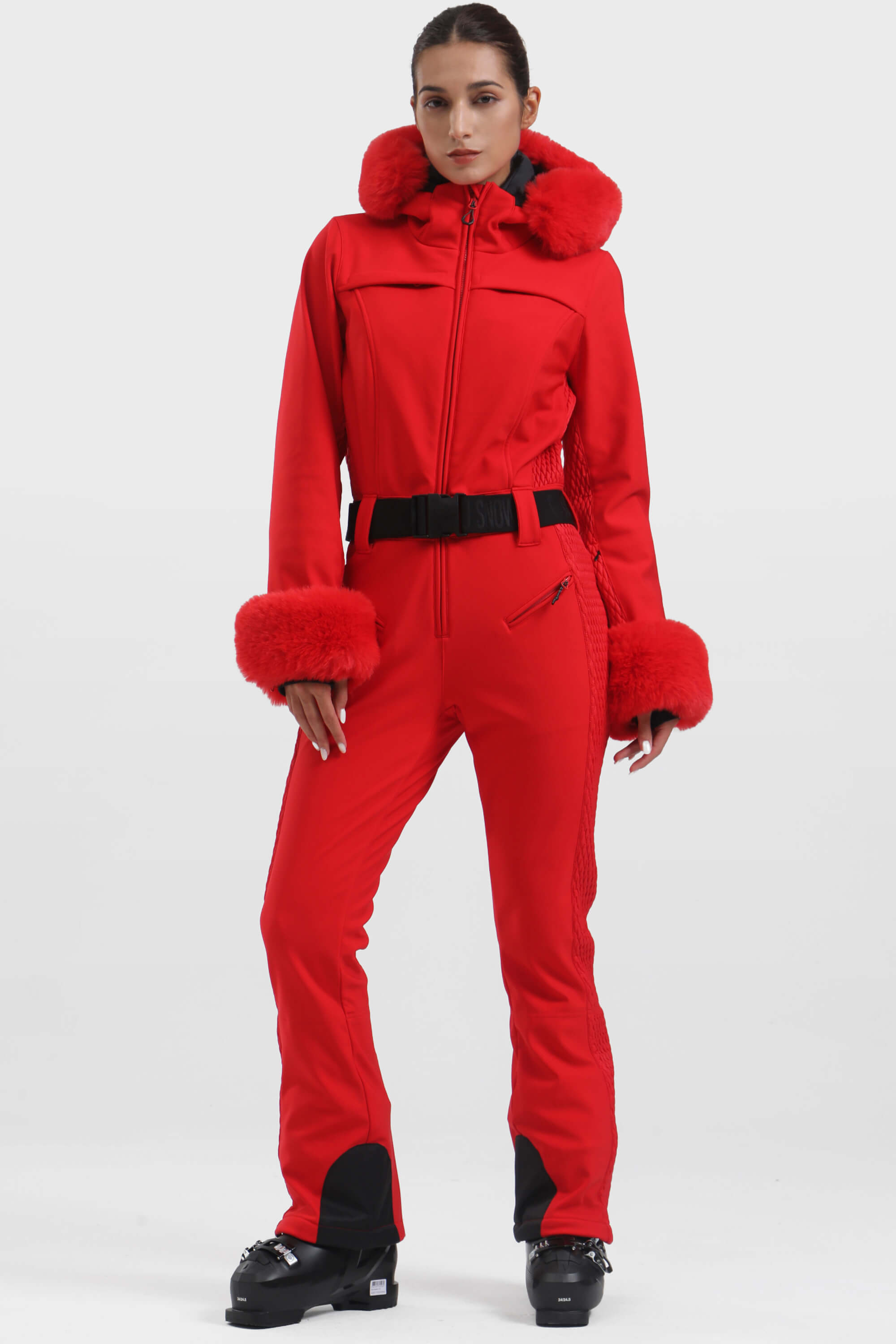 Women's Neon Red Shirred Faux-Fur Waterproof One-Piece Ski Suit Snowboard Suit Main image