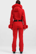 Women's White Shirred Faux-Fur Waterproof One-Piece Ski Suit Snowboard Suit