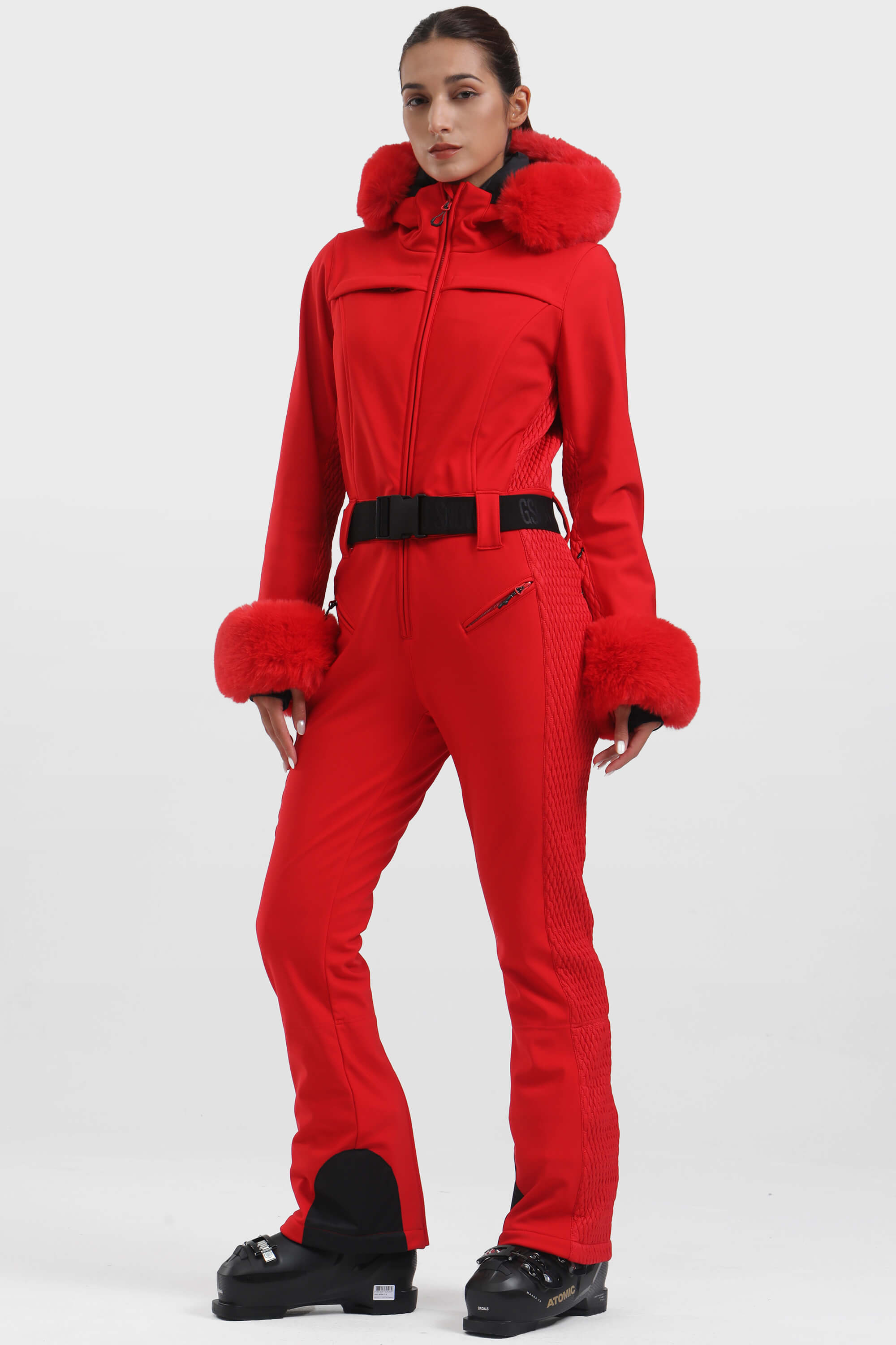 Women's White Shirred Faux-Fur Waterproof One-Piece Ski Suit Snowboard Suit
