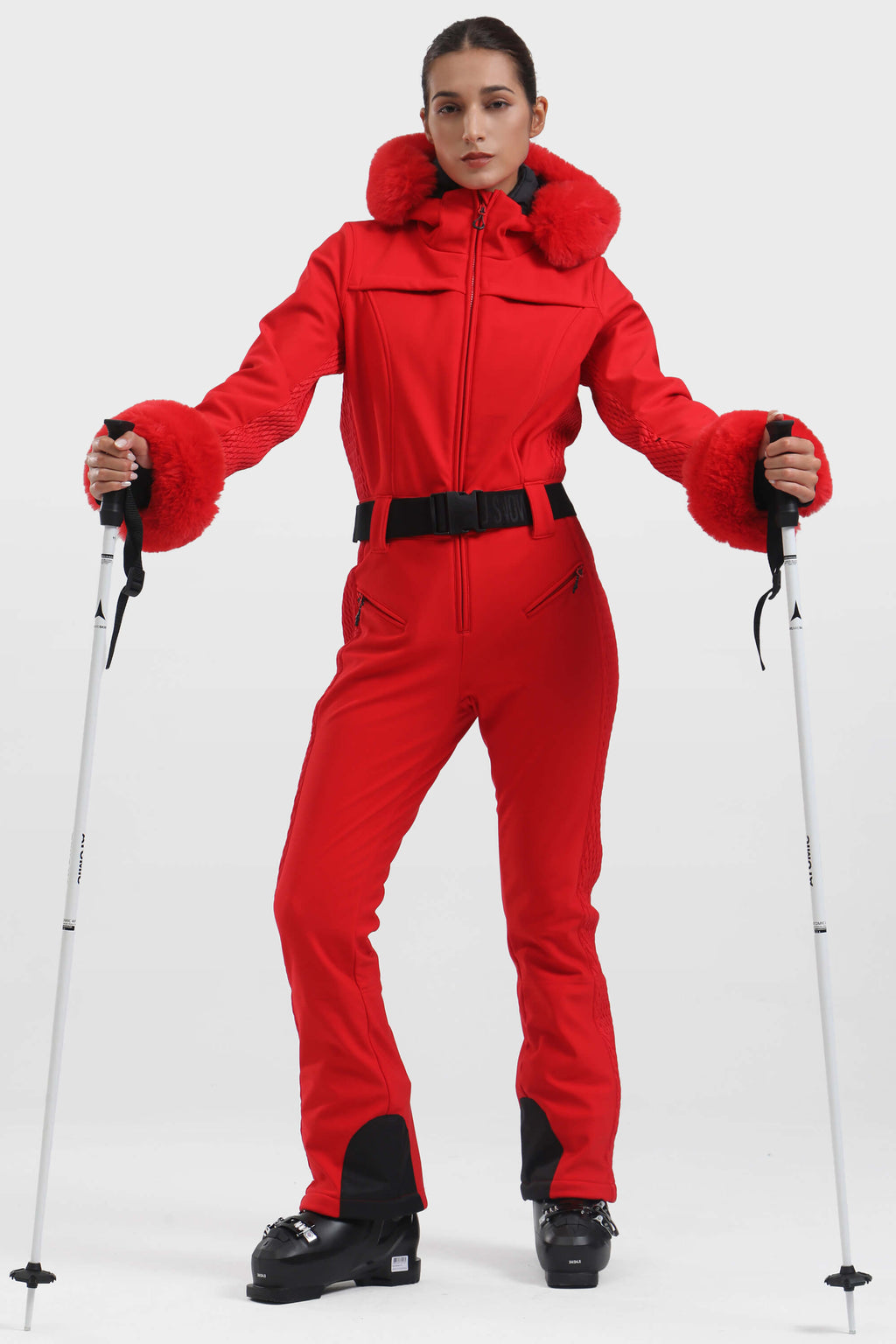 Women's White Shirred Faux-Fur Waterproof One-Piece Ski Suit Snowboard Suit