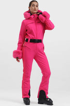 Women's Dark Brown Shirred Faux-Fur Waterproof One-Piece Ski Suit Snowboard Suit