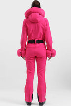 Women's Neon Red Shirred Faux-Fur Waterproof One-Piece Ski Suit Snowboard Suit
