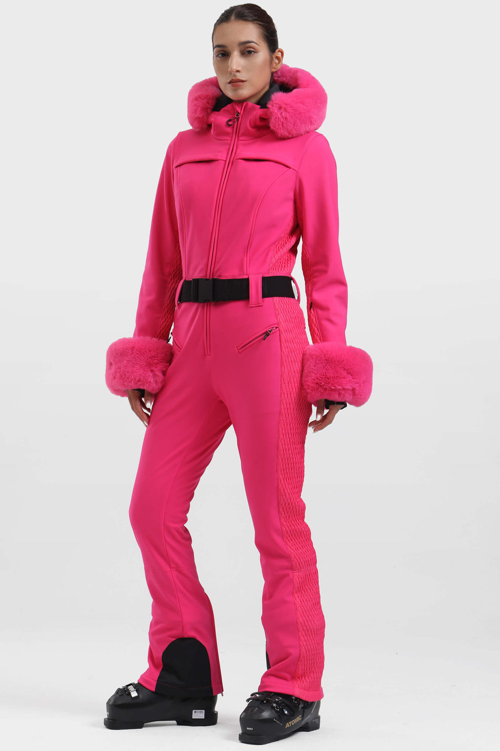 Women's White Shirred Faux-Fur Waterproof One-Piece Ski Suit Snowboard Suit