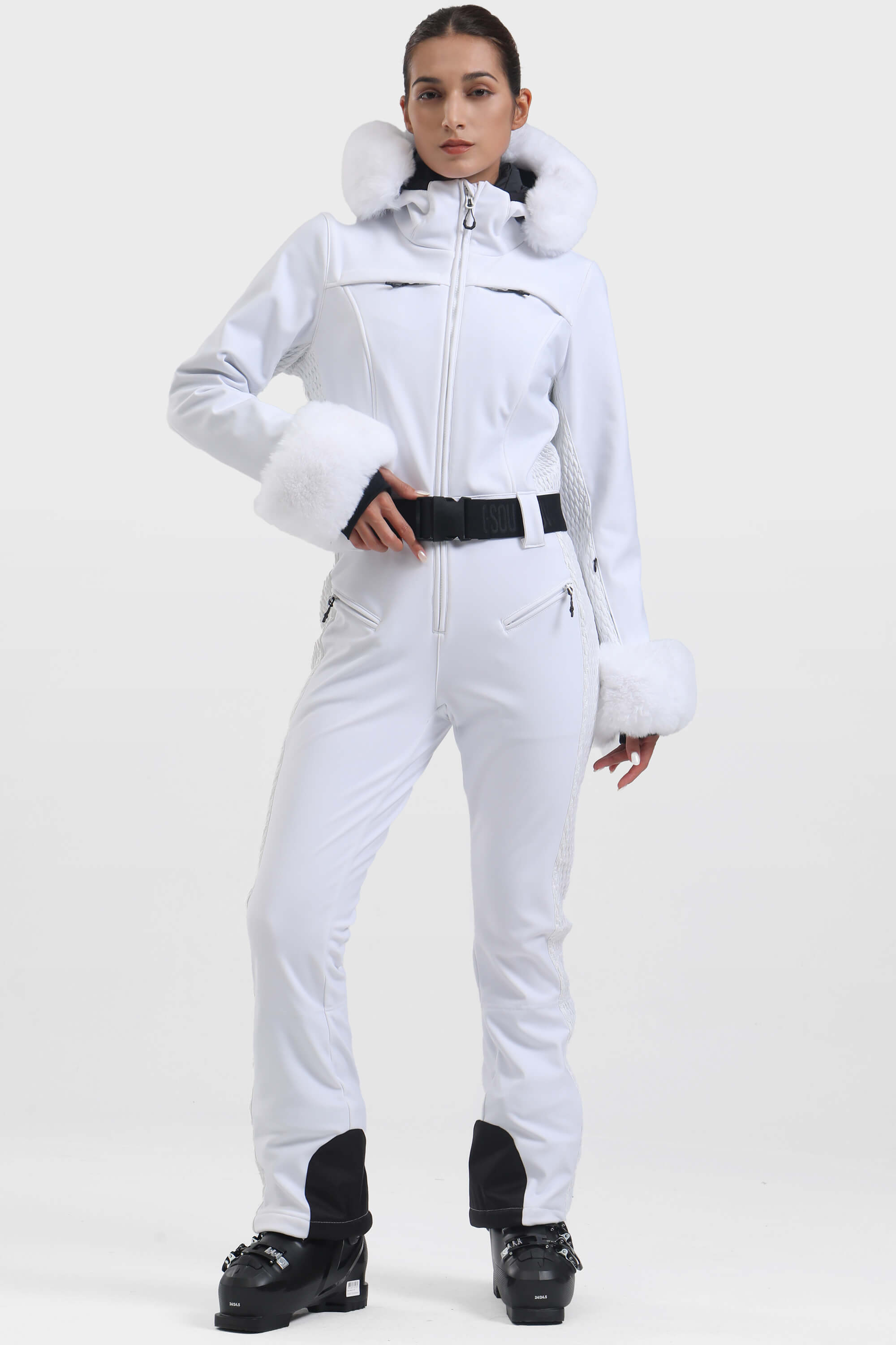 Women's White Shirred Faux-Fur Waterproof One-Piece Ski Suit Snowboard Suit Main image