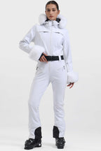 Women's Neon Red Shirred Faux-Fur Waterproof One-Piece Ski Suit Snowboard Suit