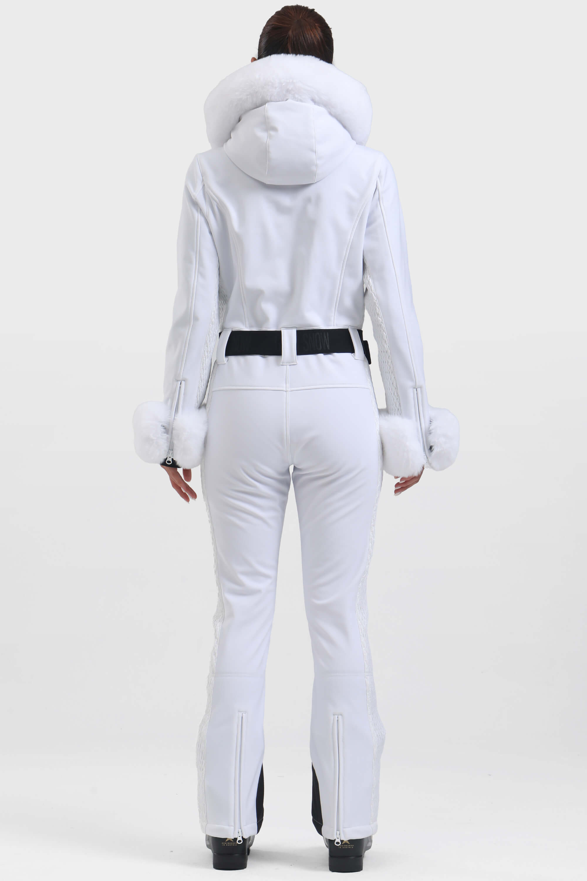 Women's White Shirred Faux-Fur Waterproof One-Piece Ski Suit Snowboard Suit