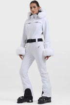 Women's Neon Red Shirred Faux-Fur Waterproof One-Piece Ski Suit Snowboard Suit