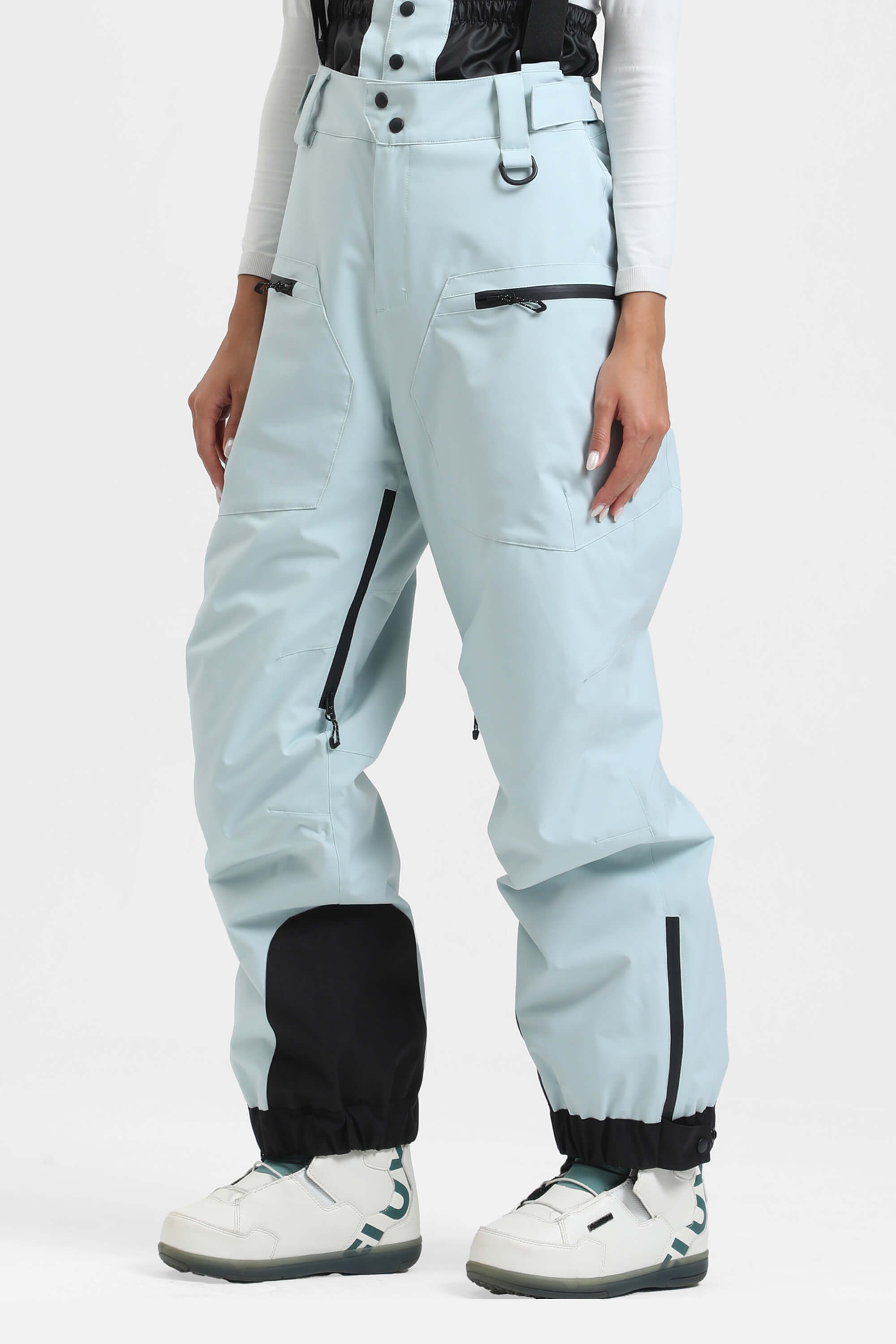 Women's Pink Insulated Baggy Ski Pants With Detachable Suspenders Snow Pants