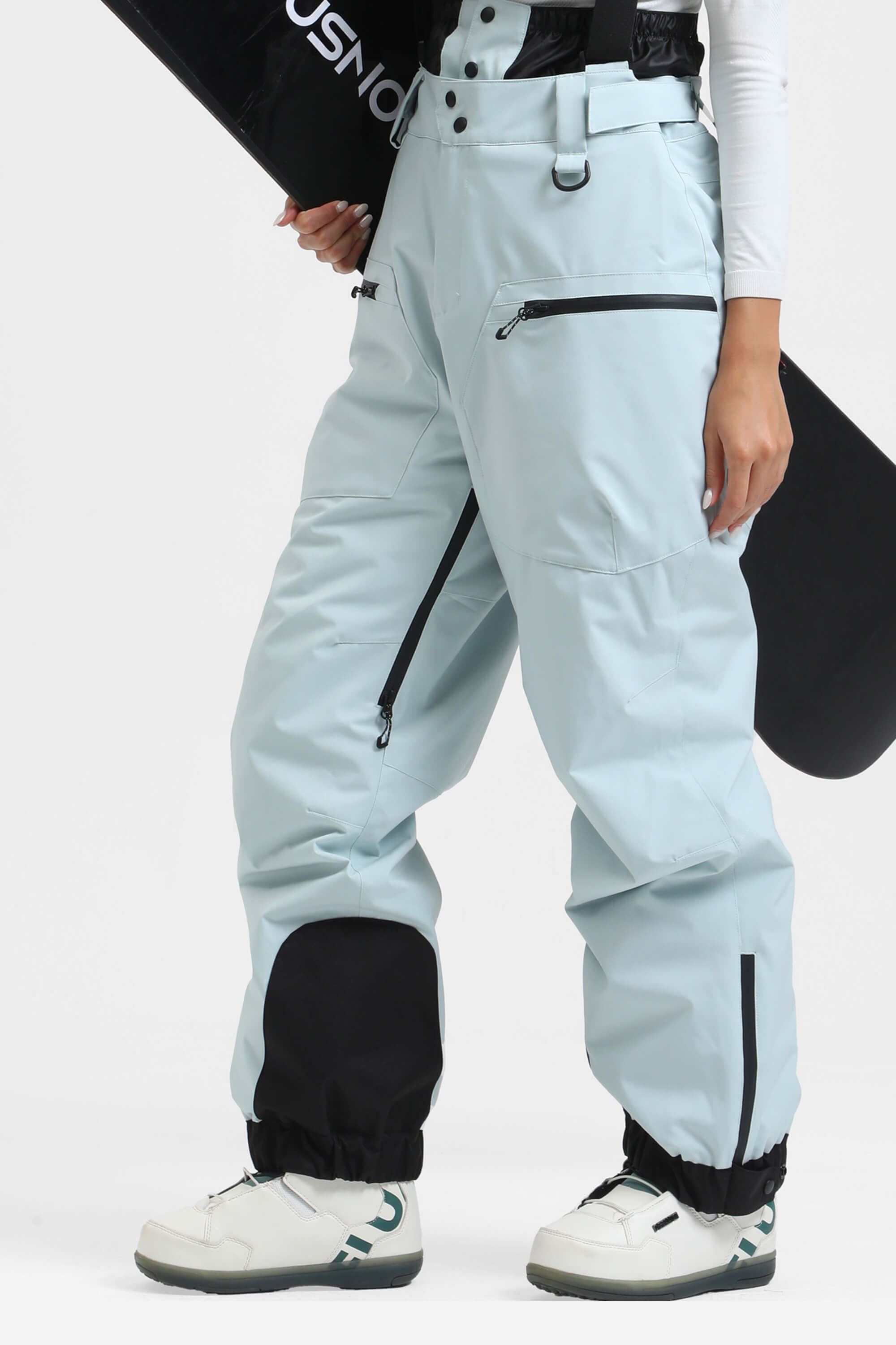Women's Off White Insulated Baggy Ski Pants With Detachable Suspenders Snow Pants