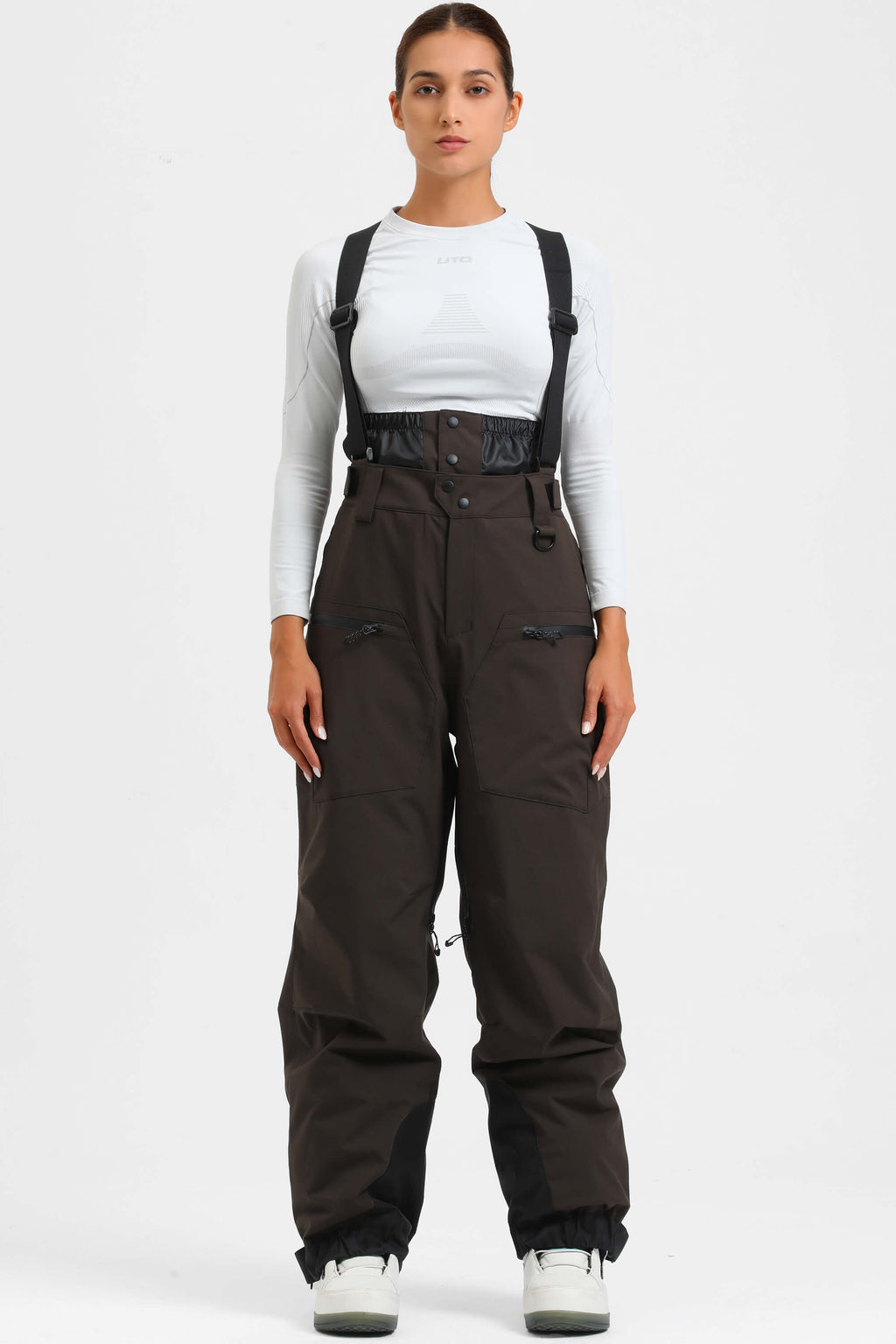 Women's Coffee Insulated Baggy Ski Pants With Detachable Suspenders Snow Pants