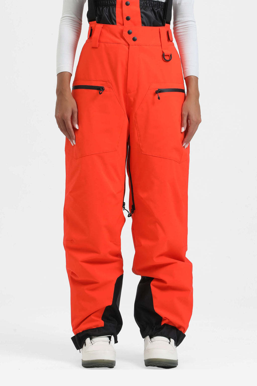 Women's Neon Red Insulated Baggy Ski Pants With Detachable Suspenders Snow Pants