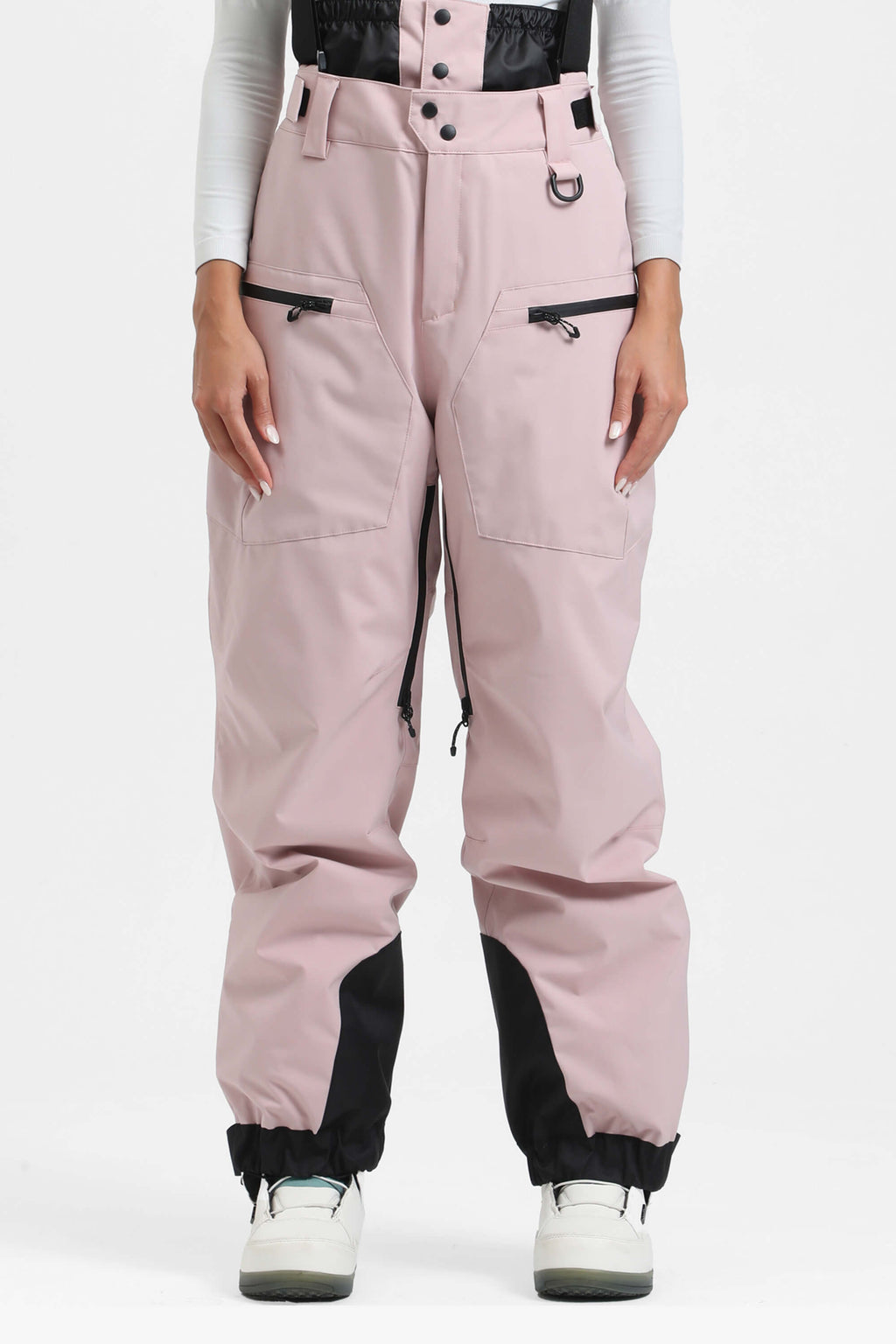 Women's Pink Insulated Baggy Ski Pants With Detachable Suspenders Snow Pants
