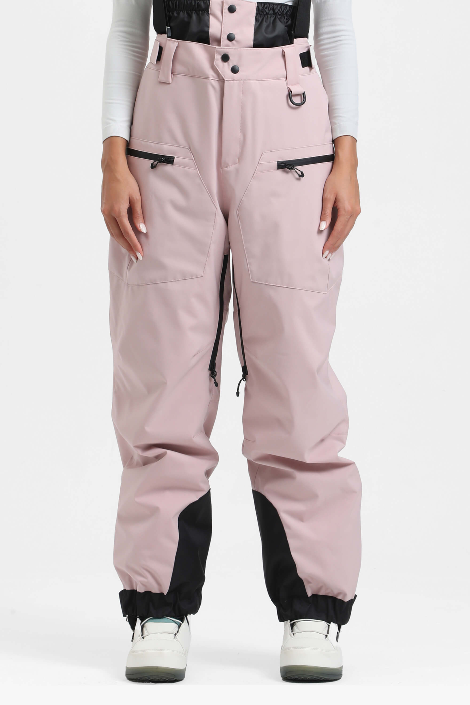 Women's Pink Insulated Baggy Ski Pants With Detachable Suspenders Snow Pants