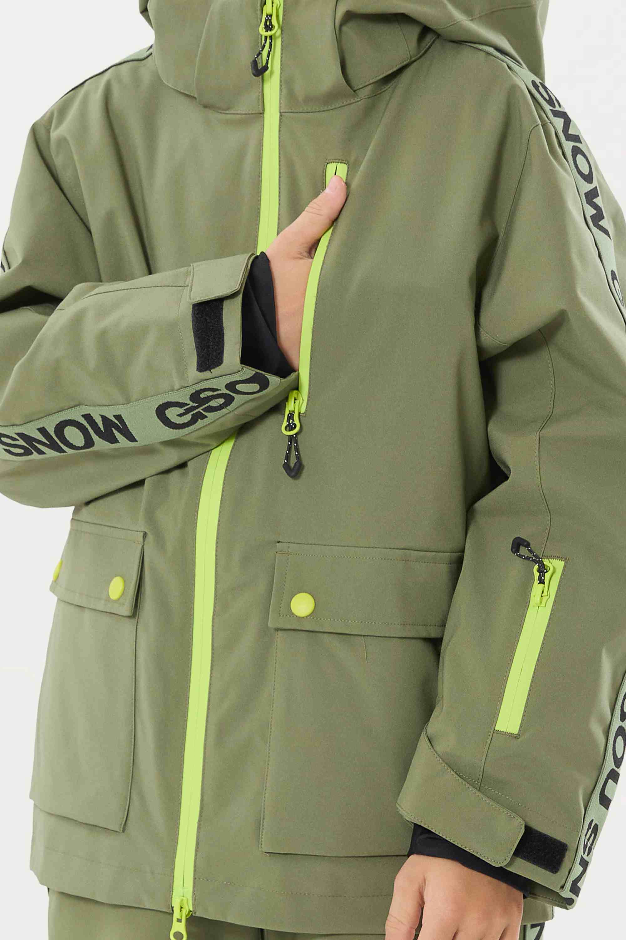 Kids' Army Green Insulated Snowboard Jacket  With Contrast Zippers Sekundært bilde