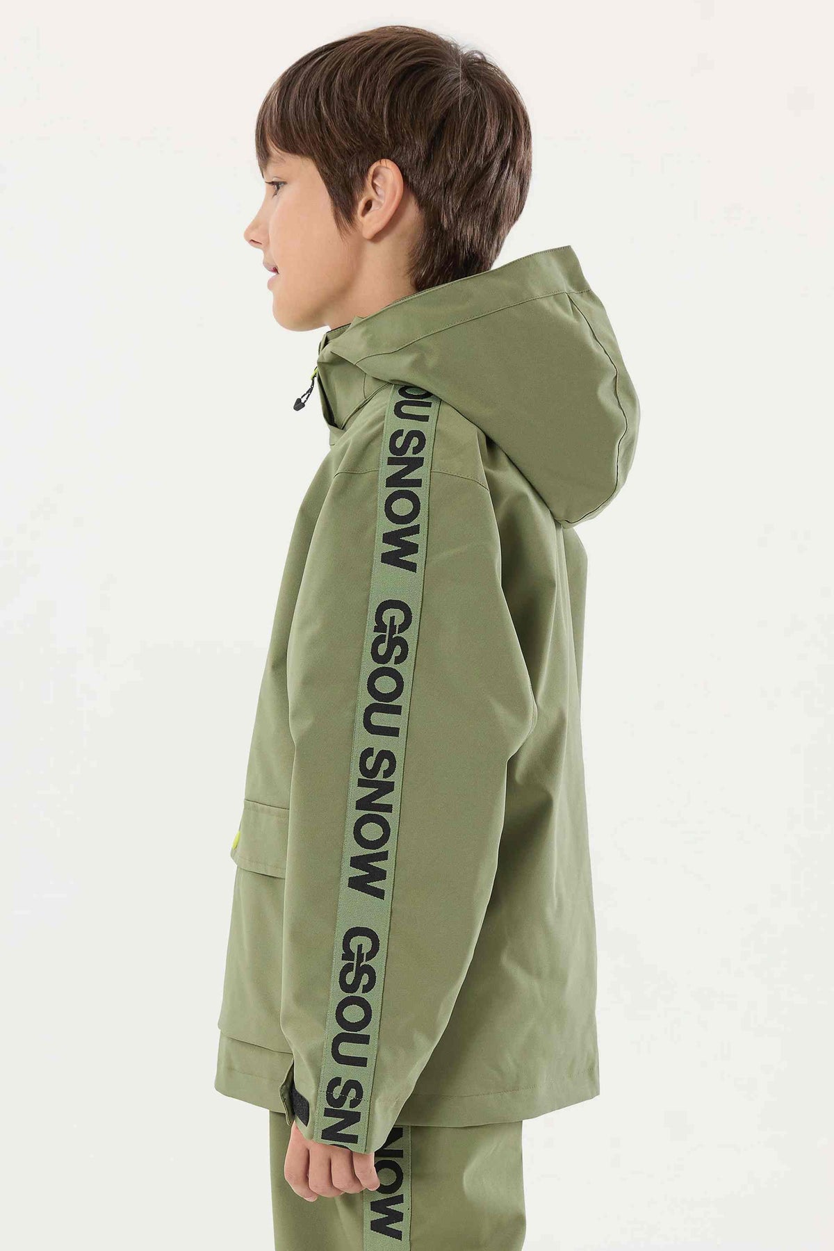 Kids' Army Green Sporty Logo Tape Waterproof Insulated Snow Jacket