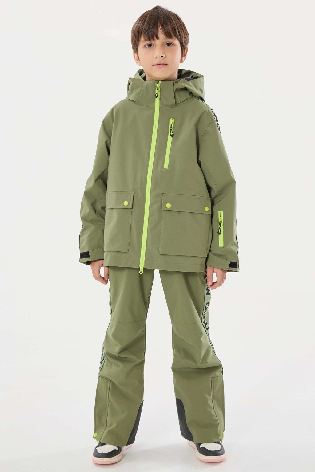 Kids' Army Green Sporty Logo Tape Waterproof Insulated Snow Jacket