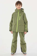 Kids' Army Green Sporty Logo Tape Waterproof Insulated Snow Jacket