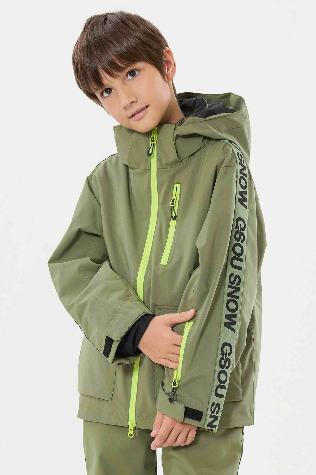Kids' Army Green Sporty Logo Tape Waterproof Insulated Snow Jacket