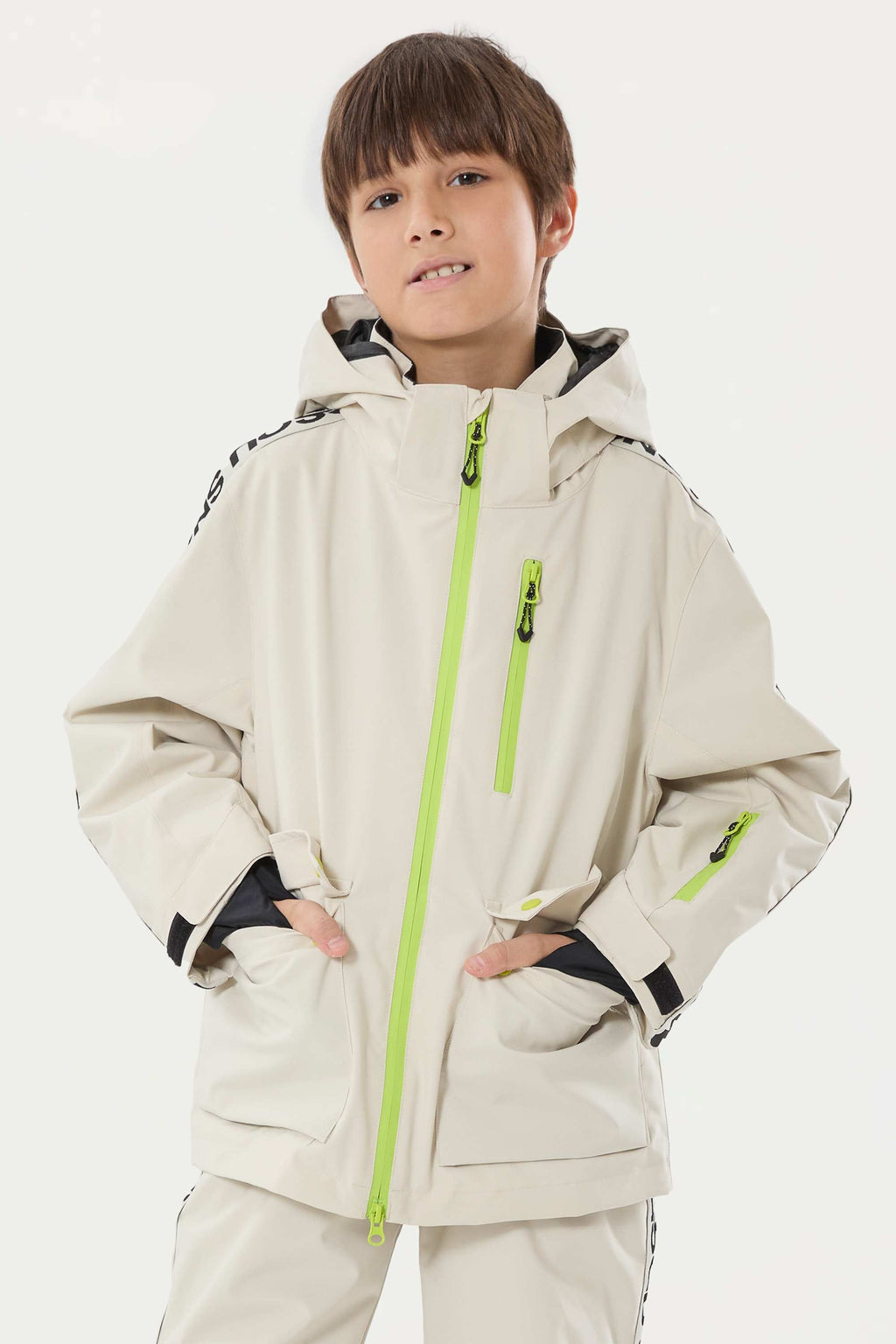 Kids' Army Green Sporty Logo Tape Waterproof Insulated Snow Jacket