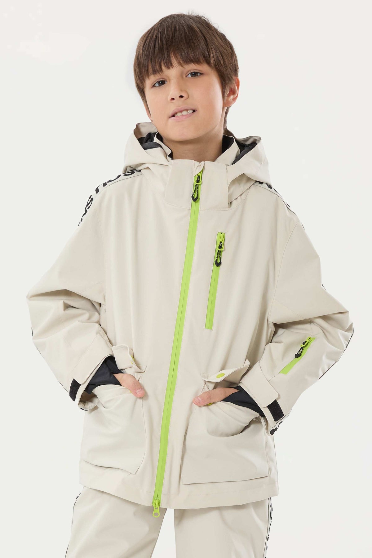 Kids' Khaki Waterproof Insulated Snowboard Jacket  With Contrast Zippers