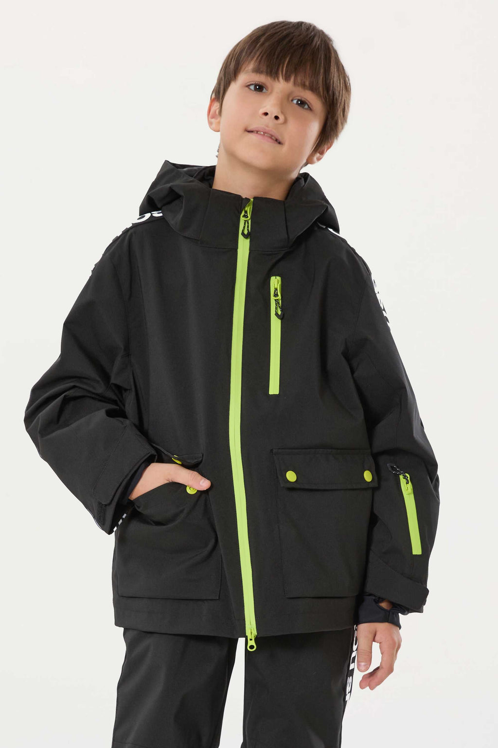 Kids' Army Green Sporty Logo Tape Waterproof Insulated Snow Jacket