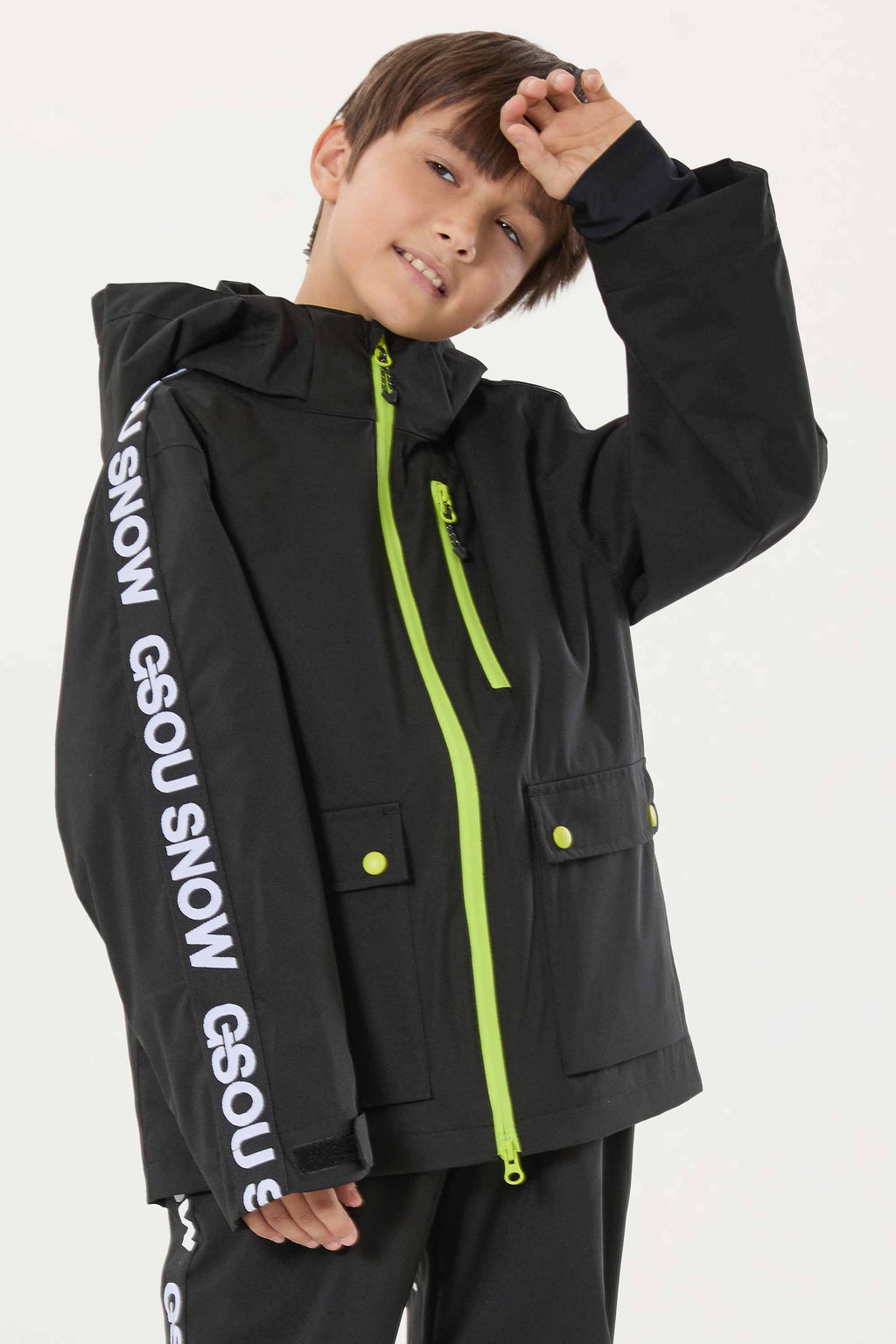 Kids' Army Green Sporty Logo Tape Waterproof Insulated Snow Jacket