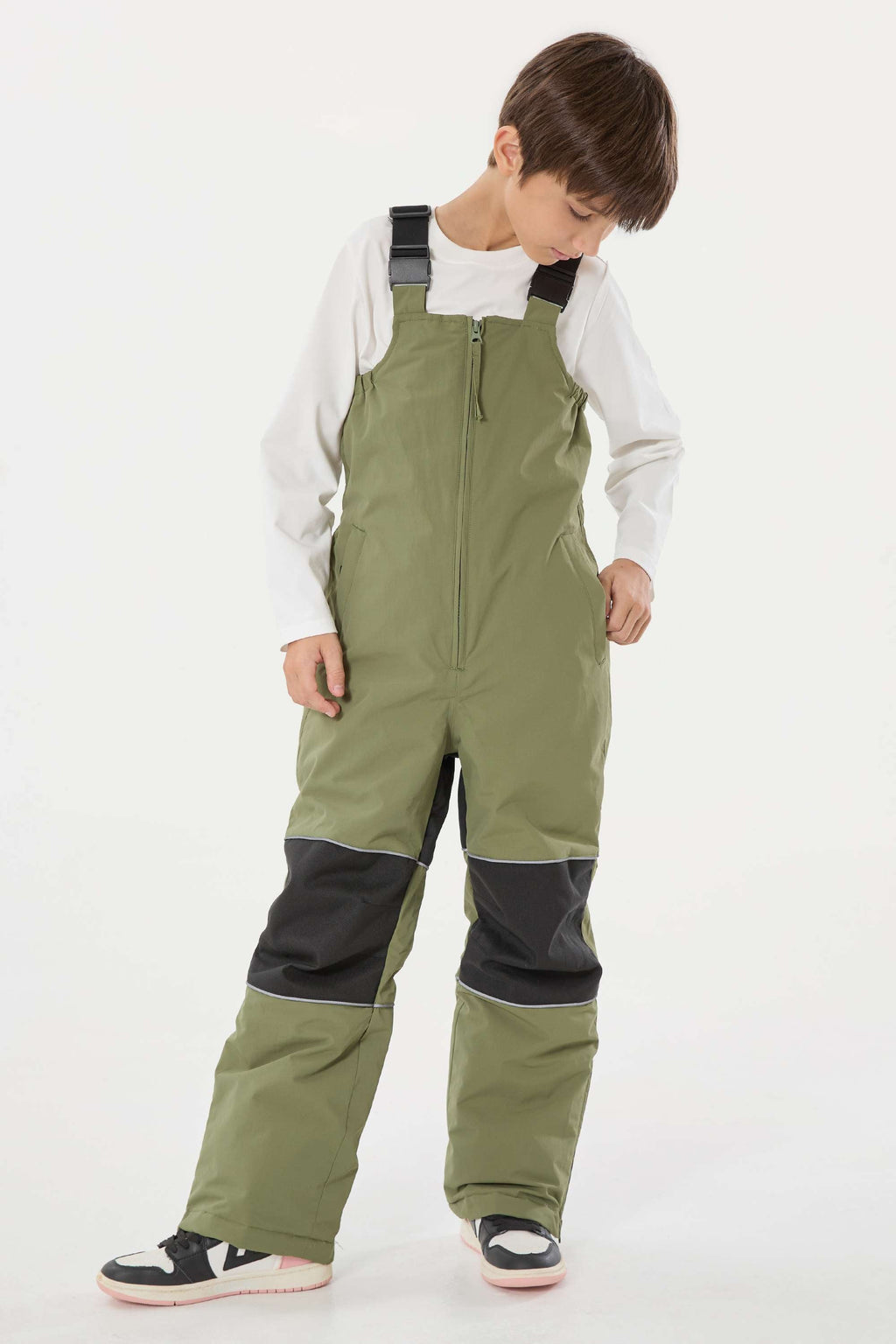 Army Green Reflective Waterproof Ski Bibs Durable Snow Bibs