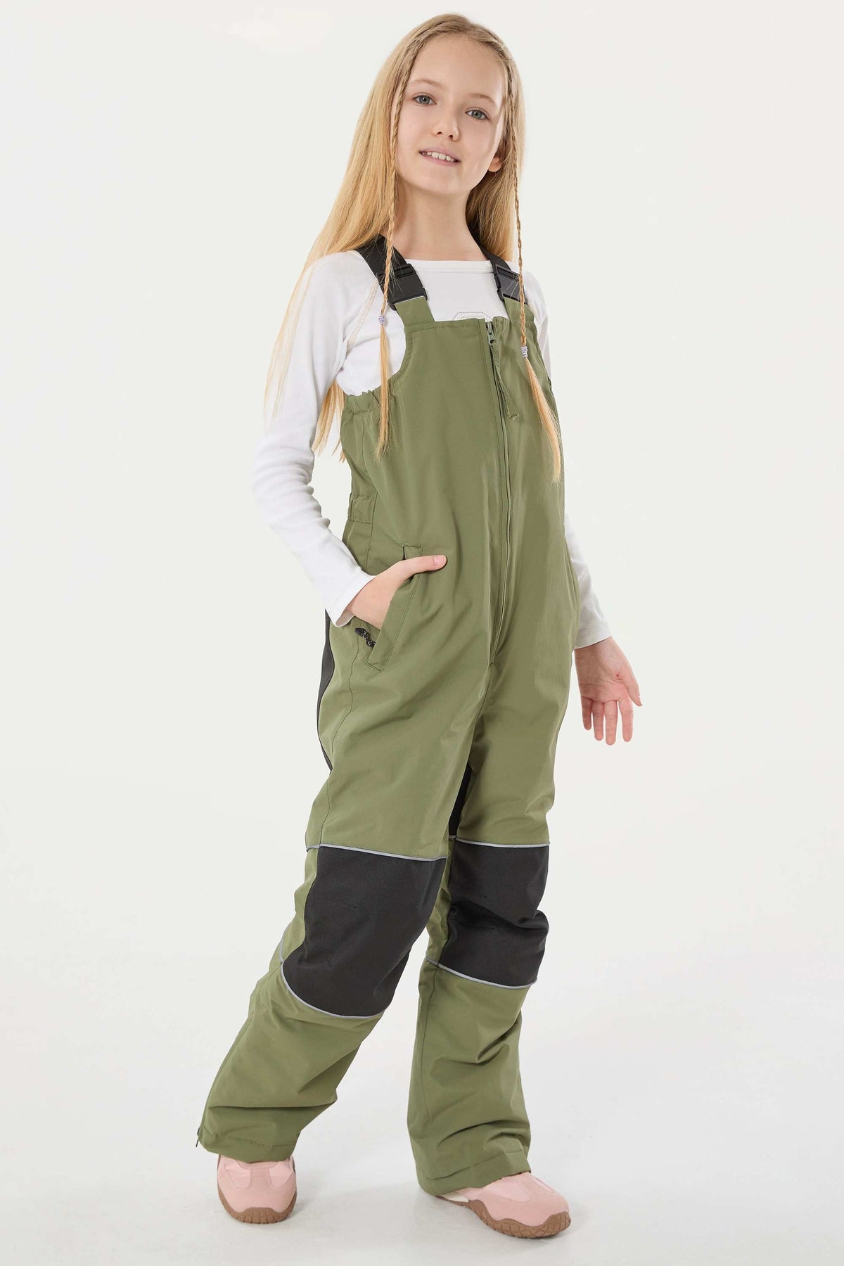 Girls’ Army Green Waterproof Reflective Durable Snow Bibs