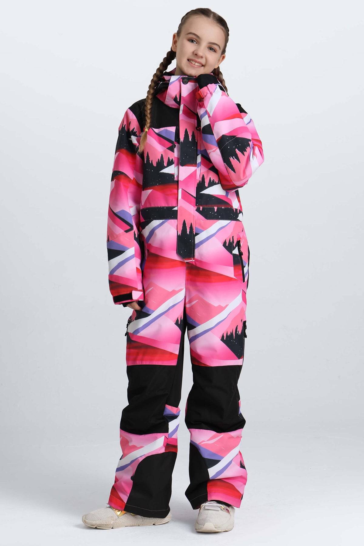 Girls' Off White Contrast-Panel Insulated One-Piece Ski Suit
