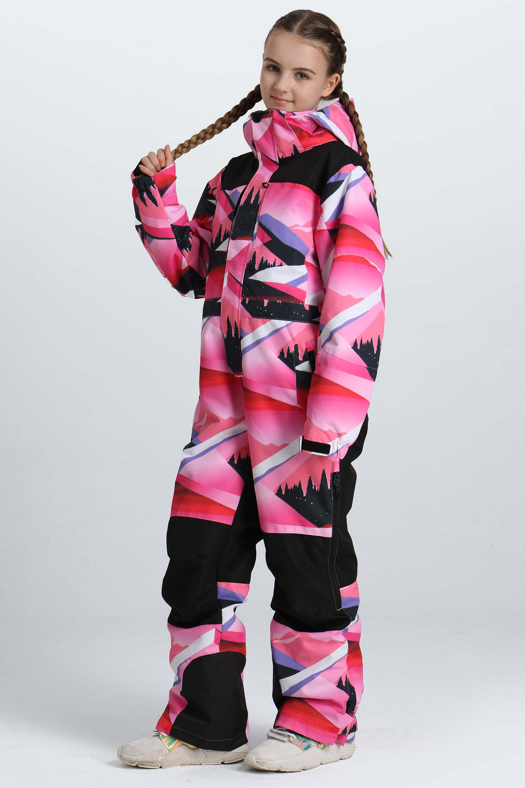 Girls' Pink Mountain Contrast-Panel Insulated One-Piece Ski Suit