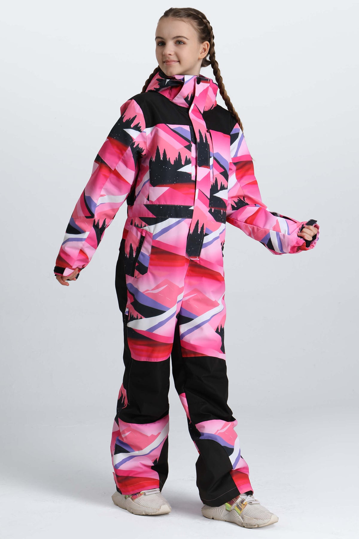 Girls' Lavender Contrast-Panel Insulated One-Piece Ski Suit
