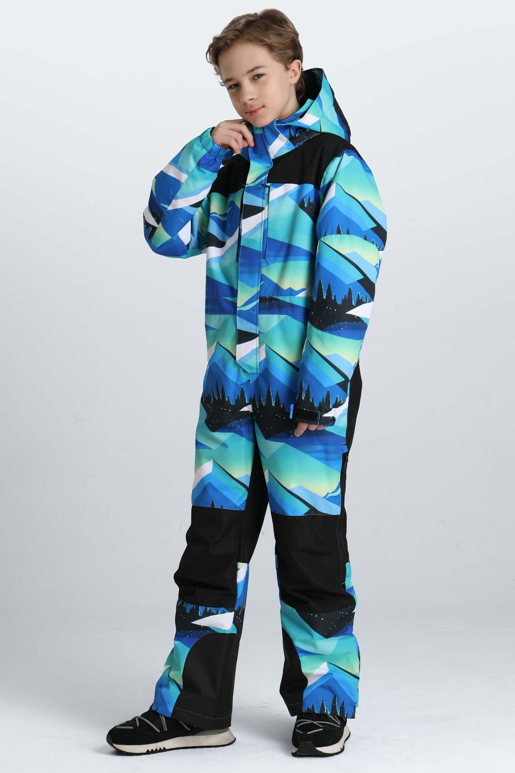 Boys' Black Contrast-Panel Insulated One-Piece Ski Suit