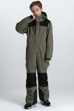 Boys' Army Green Contrast-Panel Insulated One-Piece Ski Suit