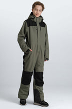 Boys' Army Green Contrast-Panel Insulated One-Piece Ski Suit