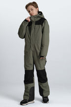 Boys' Army Green Contrast-Panel Insulated One-Piece Ski Suit