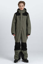 Boys' Army Green Contrast-Panel Insulated One-Piece Ski Suit